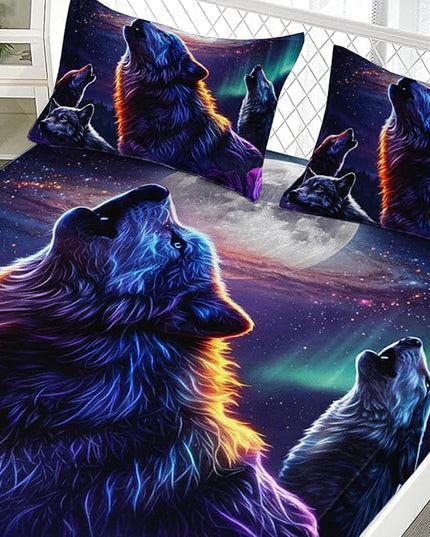AILONEN Howling Night Wolves Bedding Sheet Set, Twin XL Size, Wolf Moon with Purple Rose Bedding Set for All Season,Wild Animal Pattern Bed Sheets,Soft Microfiber,1 Fitted Sheet and 2 Pillowcases