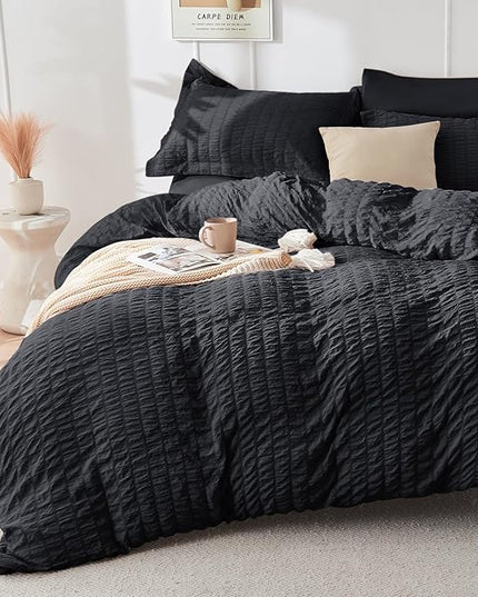 HYMOKEGE Black Twin Comforter Set Seersucker 5 Pieces, All Season Luxury Bed in a Bag for Bedroom, Bedding Set with Comforters, Sheets, Pillowcase & Sham
