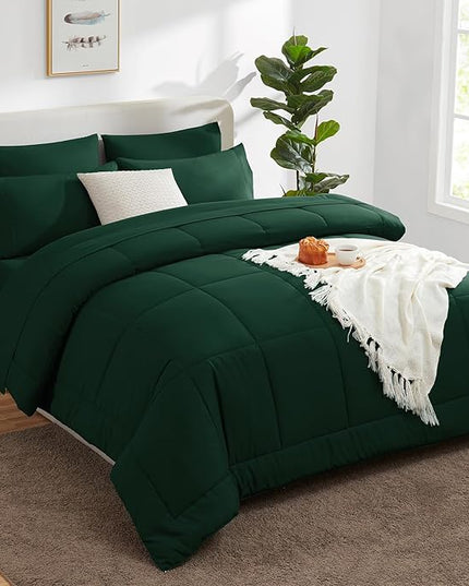 CozyLux Queen Comforter Set Emerald Green, 7 Pieces Bed in a Bag, Green Comforter Queen Size, All Season Bedding Sets with Stitch Quilted Comforter, Flat Sheet, Fitted Sheet, Pillowcases