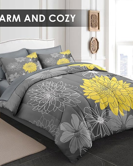 Comforter Set Queen Size, Vintage Flower 7 Pcs Bedding for Kids and Adults, Yellow Botanical Floral Bed Sheet Sets with Fitted Sheet 2 Pillowcases & 2 Shams