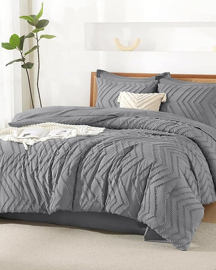Litanika Full Size Comforter Set with Sheets Medium Gray - 7 Pieces Bed in a Bag Full Chevron Tufted Complete Bedding Sets with Comforter, Sheets, Pillowcases & Shams