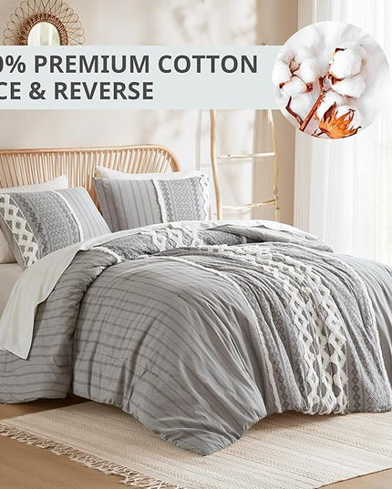INK+IVY Comforter for King Size Bed, Chenille Tufted, Breathable Cotton Comforter Set King, All Season Modern Boho Comforter with Farmhouse Bedding Flare, 2 Matching Shams, King Gray 3 Piece