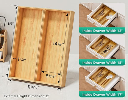 Bamboo Kitchen Drawer Organizer Boxes – 15" x 6" Stackable Wood Silverware Utensil Tray for Drawers Bins, Cutlery & Flatware Storage – Wooden Organizers Set of 2 for Junk Drawer, Bathroom, RV