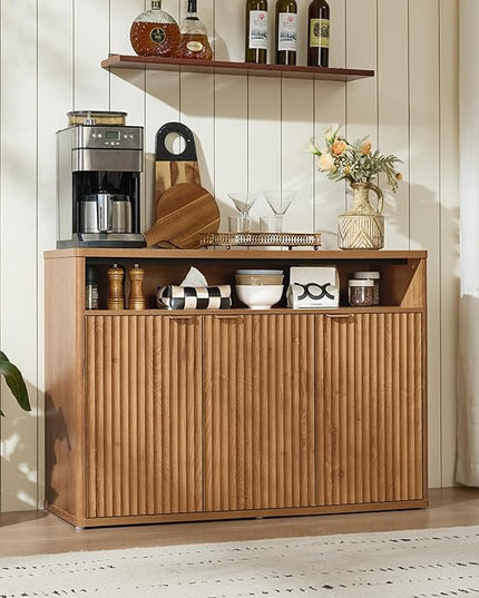 LEYAOYAO Fluted Buffet Cabinet with Storage, 45" Wide Modern Sideboard Credenza with 3 Doors & Open Storage Shelf, Wood Kitchen Console Accent Cabinets, Coffee Bar Table for Dining Room, Tea Brown