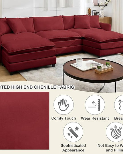 Modular Sectional Sofa,108.27'' Modern Corduroy Sofa Set for Living Room with 3 Seat & 2 Ottoman & 3 Pillows, Comfy Cloud Couches with Movable Ottoman, DIY Combination, Chenille (Wine red, U Shaped)