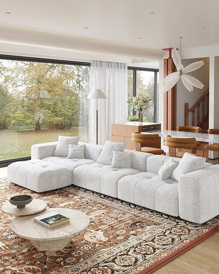 JACH 144.1 Inch L-Shaped Modular Sofas, Modern 3-Seater Couch with Chaise Ottoman, Mid Century Modern Sectional Couches, Cozy Sleeper Sofa for Apartment/Living Room (Linen Fabric, White)