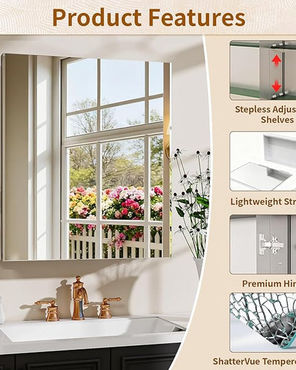 BEAUTYPEAK 20 x 24 Inch Medicine Cabinet with Mirror, Wall Mounted Bathroom Mirror Cabinet, Medicine Cabinet Mirror with Storage & Adjustable Shelves