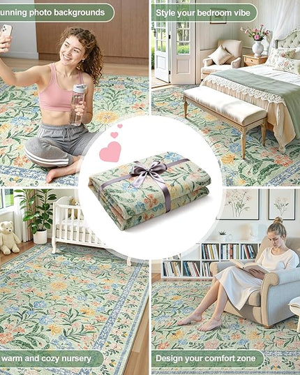 Wonnitar Machine Washable 5x7 Area Rug, Boho Floral Rugs for Living Room Non-Slip, Soft Pink and Green Flower Ultra-Thin Non Shedding Carpet for Bedroom Dining Room Nursery