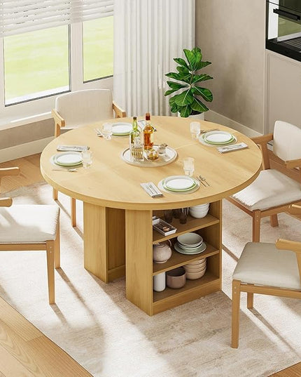 59'' Extendable Dining Table for 4-8, Round Kitchen Room Table with 3-Tier Storage Racks, Adjustable Shelves, Wooden Pedestal Base, for Kitchen, Dinner, Living Room, Office, Natural