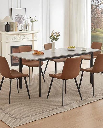 63"- 78.7" Extendable Dining Table with 6 Brown Dining Chairs, Modern Kitchen Table Set for 6, Thickened Expandable MDF Wooden Table with Metal Legs for Dining Room, Kitchen, Home