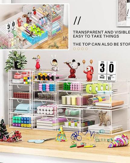 Makeup Organizer Storage with 16 Drawers, 4 Pcs Desktop Office Supplies, Desk Organizers, Clear Accessories, Dustproof Storage Drawer and for Make Up, Jewelry, Pen, Stationary