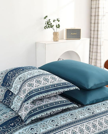 Cottolester Boho Comforter Set King Size 8 Pieces, Teal Blue Comforter Bohemian Striped Bed in A Bag, Soft Microfiber Bedding Set for All Seasons