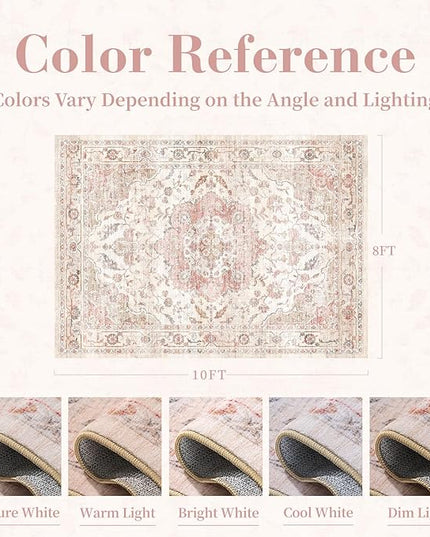 PADOOR-Vintage Area Rug 8X10 Rugs for Living Room-Soft Pink Rugs for Bedroom-Machine Washable Rug Non Slip Carpet-Rug for Dining Room Living Room Bedside Office