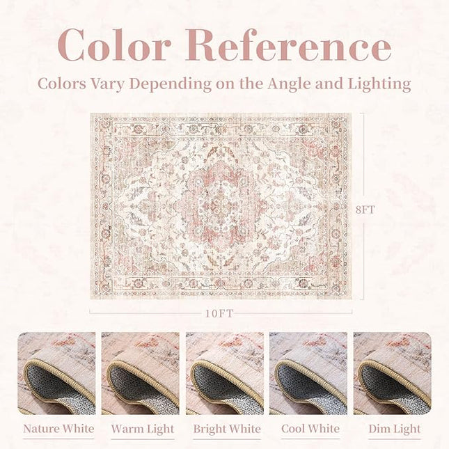 PADOOR-Vintage Area Rug 8X10 Rugs for Living Room-Soft Pink Rugs for Bedroom-Machine Washable Rug Non Slip Carpet-Rug for Dining Room Living Room Bedside Office