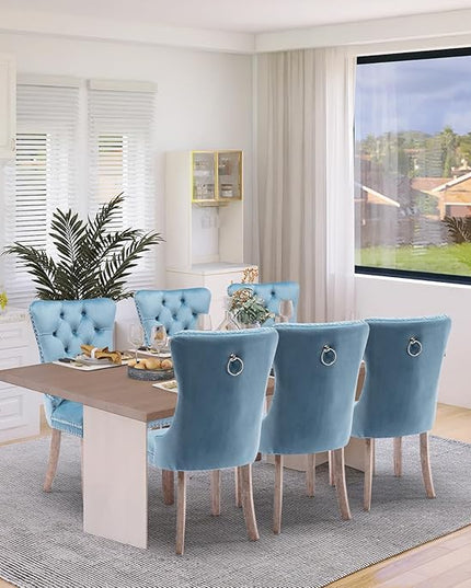 SoarFlash Velvet Dining Chair Set of 8, Upholstered Tufted Dining Room Chair with Nailhead Trim and Solid Wood Leg for Kitchen (Sky-Blue)