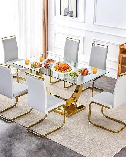 63” Glass Dining Table Set for 6,Gold Dining Room Table Set for 6,Modern Kitchen Table and PU Leather Chairs for 6, Rectangle Tempered Glass Top and Golden Base