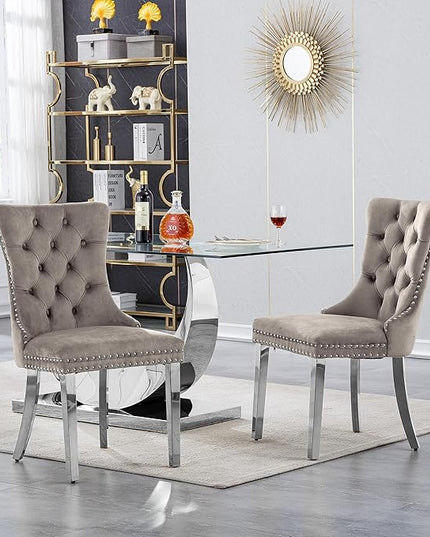 5 Piece Dining Table Set, Modern Glass Dining Table Set for 4, 70" Luxury Glass Table w/Silver Stainless Steel Base & 4 Grey Tufted Chairs, Kitchen Dining Room Sets for 4 for Breakfast Dinner Dinette
