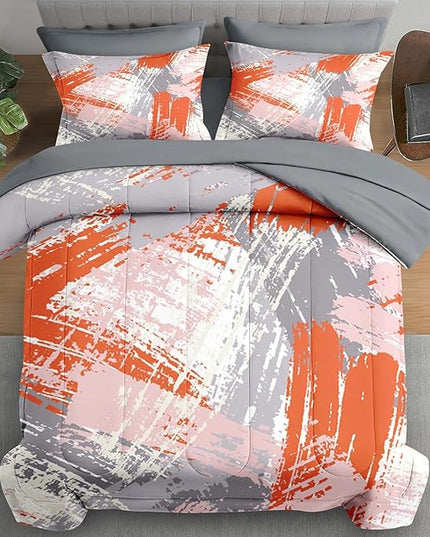Comforter Set Twin Size, Urban Graffiti Orange Grey 5 Pcs Bedding for Kids and Adults, Abstract Paint Line Bed Sheet Sets with Fitted Sheet Pillowcase & Sham for Bedroom Bed Decor