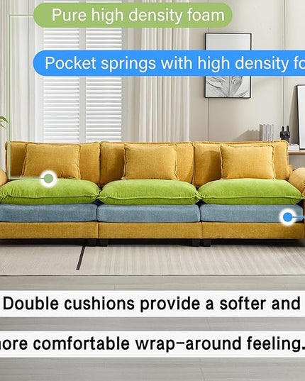 120" Modular Sectional Sofa, Comfy Cloud Couch Sectional Sofa, Chenille Sofa Sleeper Deep Seat Sofa with Throw Pillows for Living Room (Yellow, 120"- 3 Seater)