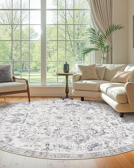jinchan Kalen Round Rug 8ft Area Rug Washable Vintage Indoor Retro Floor Cover Distressed Gray Floral 8' Round Circle Boho Non Slip Thin Carpet for Living Room Dining Room Bedroom Kitchen Grey
