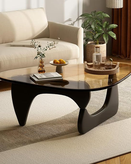 Coffee Table for Living Room Mid Century Modern Center Table with Glass Top and Wood, Black Brown