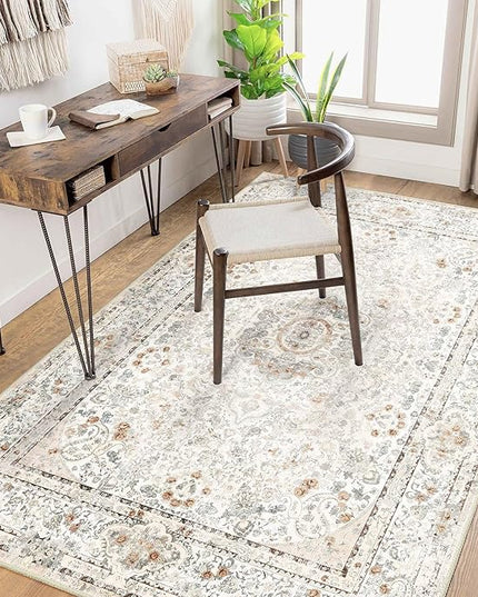 Boho Rug 4'x6.5',Washable Area Rugs for Bedroom Living Room Kitchen Entryway,Small Vintage Bohemian Distressed Non Slip Carpet,Beige