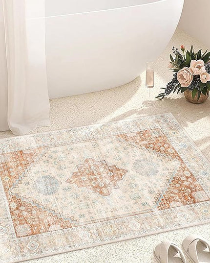 MUJOO Small Rug,2x3 Washable Area Rugs for Bathroom Entryway Entry Entrance Bedroom,Indoor Front Door Mat Non Slip Throw Carpet Boho Low Pile Terracotta