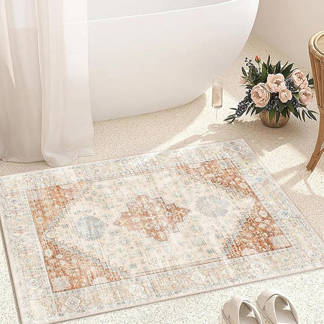 MUJOO Small Rug,2x3 Washable Area Rugs for Bathroom Entryway Entry Entrance Bedroom,Indoor Front Door Mat Non Slip Throw Carpet Boho Low Pile Terracotta