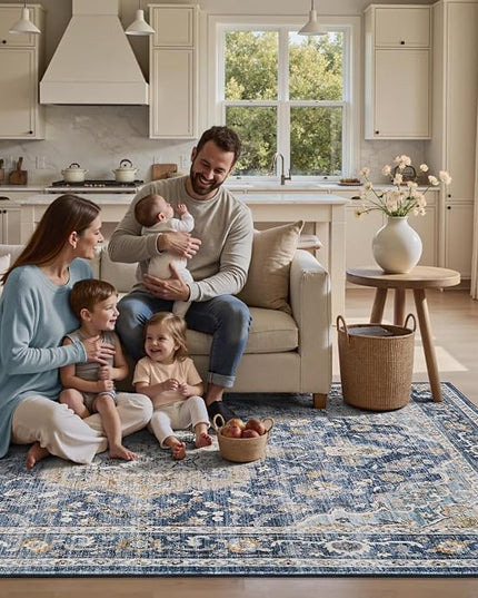 PADOOR-Vintage Area Rug 9X12 Rugs for Living Room-Soft Blue Rugs for Bedroom-Machine Washable Rug Non Slip Carpet-Rug for Dining Room Living Room Bedside Office