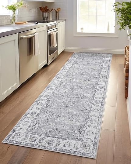 jinchan Fiora Hallway Runner Rug 3x7 Machine Washable Runner Rug Grey Vintage Floral Design Non-Slip Low Pile Ultra-Thin for Kitchen Laundry Room Bedroom Farmhouse (3‘x7', Grey)