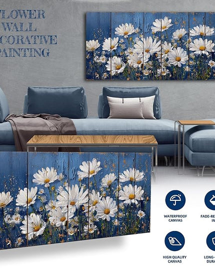 HUADAOART Canvas Wall Art Blue White Daisy Flowers 48 x 24 Inches Contemporary Living Room Bedroom Home Decor Ready to Hang
