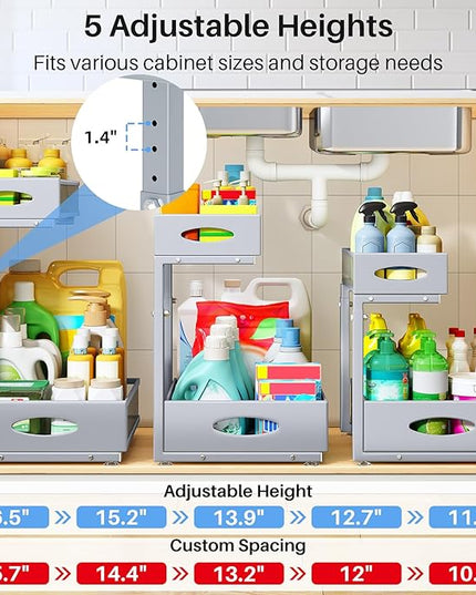 Under Sink Organizer, 2 Tier Pull Out Under Cabinet Organizer Shelf with Pad for Framed Cabinets, Metal Slide Out Under Sink Storage, Mesh Sliding Drawers for Kitchen Bathroom Laundry(Grey, 1 Pack)