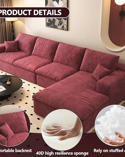 136.6'' L-Shaped Modern Modular Sectional Cloud Couch, 4-Seat Chenille Deep-Seat Sofa with Pillow for Living Room, Bedroom, Apartment, Wine Red