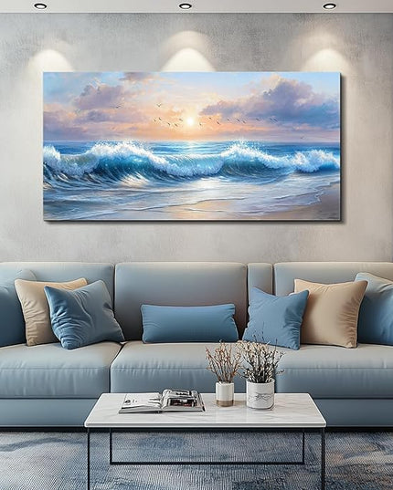 XIGUANGART Canvas Prints Wall Art for Bedroom Large Wall Decor for Living Room Ocean Paintings Blue Modern Minimalist Artwork Beach Sunrise Sea Wave Nature Pictures Home Decor Ready To Hang