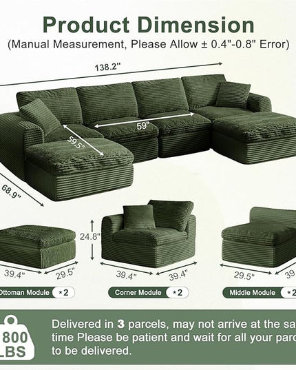138” Modular Sectional Sofa Couches U Shaped Couch 4 Seater Cloud Sofa Memory Foam Sectional Couches for Living Room, Boneless Couch with Ottoman, Corduroy, Green