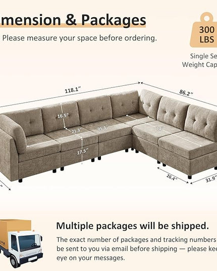 VANOMi 6 Seater Modular Cloud Sofa, 118" Convertible Sectional Cloud Sofas & Couches for Living Room, Comfy Chenille Sectional Couch Sofa for Living Room, Apartment, Office, Camel, L/U Shaped