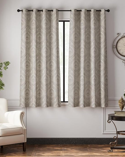 jinchan Linen Textured Curtains for Living Room Darkening 63 Inch Length, Medallion Drapes for Bedroom, Damask Pattern Window Treatments Vintage Curtain Panels, 2 Panels Grey on Greige