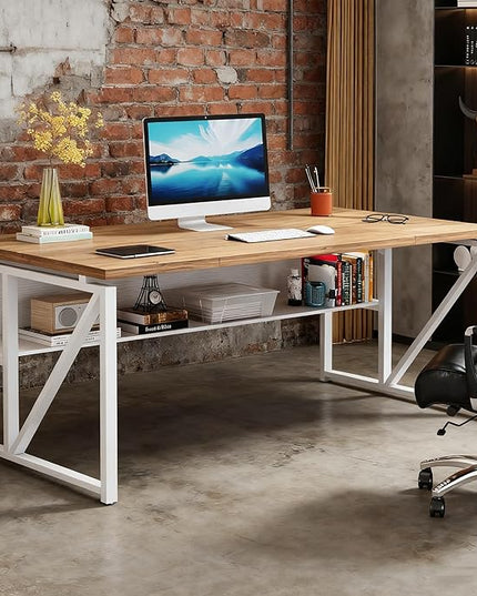 Tribesigns 63 inches Computer Desk with Bottom Storage Shelf Home Office Desk Writing Table for Workstation,Dark Walnut + Steel Leg， Cabinet not Included (Light Walnut, 63-inch-with Shelf)