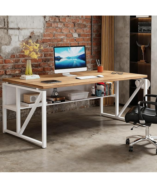 Tribesigns 63 inches Computer Desk with Bottom Storage Shelf Home Office Desk Writing Table for Workstation,Dark Walnut + Steel Leg， Cabinet not Included (Light Walnut, 63-inch-with Shelf)