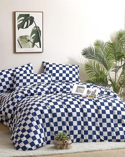 CLOTHKNOW Blue White Plaid Comforter Sets Twin/Twin XL Grid Bedding Comforter Sets Royal Blue White Bed Comforter Blue Bedding Sets Soft