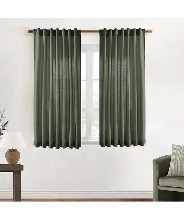 XTMYI Short Curtains for Bathroom Window,Dark Olive Green Boho Bathroom Decor Shower,Sheer Linen Kitchen Curtains,45 Inch Length