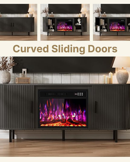 65" Fluted Fireplace TV Stand for TVs Up to 75 inches, Modern Entertainment Center with 23" Electric Fireplace, Wooden Curved TV Console with Sliding Doors for Living Room, Black