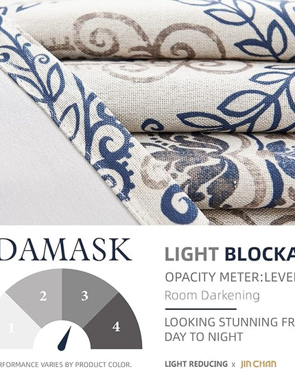 jinchan Linen Textured Curtains for Living Room Darkening 72 Inch Length, Medallion Drapes for Bedroom, Damask Pattern Window Treatments Vintage Curtain Panels, 2 Panels Blue on Greige