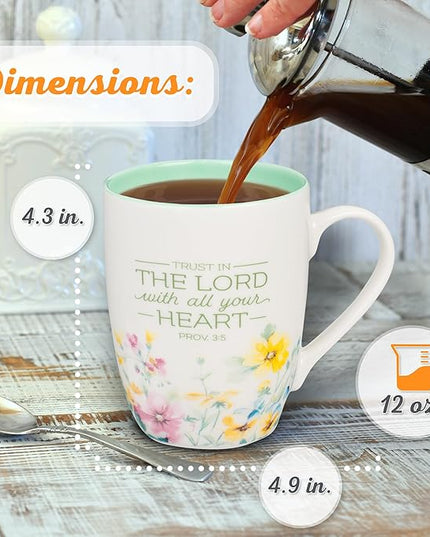 Christian Art Gifts Inspirational Ceramic Coffee & Tea Scripture Mug for Women: Trust in the Lord Encouraging Bible Verse, Microwave & Dishwasher Safe Lead-free, Multicolor Floral, Light Green, 12 oz.