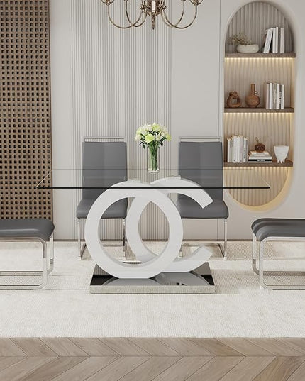 Ebullient Glass Dining Table Set for 4 ，5 Piece Dining Table Set,Tempered Glass Table Top，White Modern Dining Room Table with 4 PU Leather Ergonomic Dining Chairs
