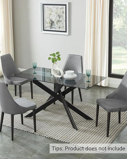 Modern Style Dining Table with Gray Tempered Glass Top and Black Metal Tubular Legs, 58.5”Lx29”Wx30”H