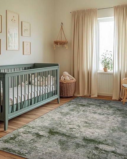 jinchan Green 4x6 Area Rugs - Machine Washable Vintage Floral Distressed Design Soft Ultra-Thin Low-Pile Non-Slip Christmas Carpet for Bedroom Living Room Dining Room Nursery (4x6ft, Forest Green)