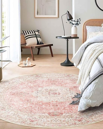 Pink Round Rug 5ft, Circle Boho Area Rugs for Bedroom Living Room,Washable Vintage Bohemian Distressed Oriental Floral Carpet Non Slip,Blush