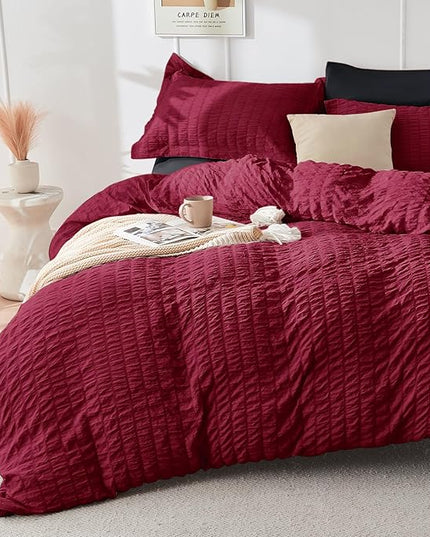 HYMOKEGE Red & Black Full Size Comforter Sets Seersucker 7 Pieces, All Season Luxury Bed in a Bag for Bedroom, Bedding Set with Comforters, Sheets, Pillowcases & Shams