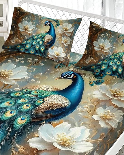 AILONEN Vintage Floral Peacock Fitted Sheet Set for Kids Girls Adult Women,Blue Floral Bird Print Bedding Set Queen Size,Elegant Birds Bed Sheet Set,3-Piece 1 Sheet Set + 2 Pillowcases